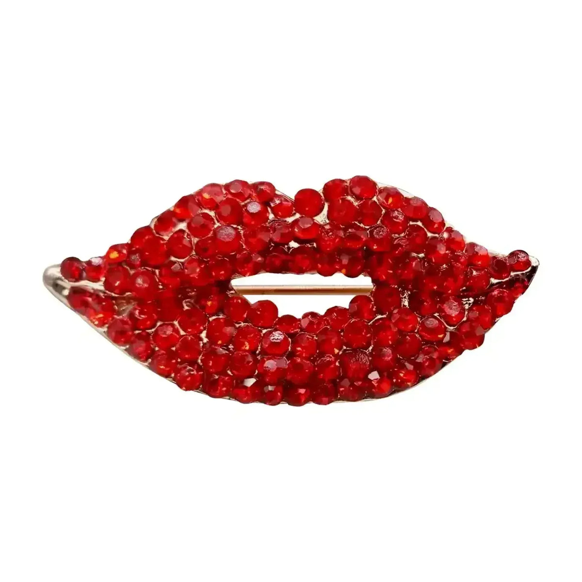 Red rhinestone lips brooch pin with sparkling crystals, retro fashion accessory on white background