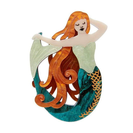 Erstwilder Siren's Call brooch featuring a mermaid with red hair and a teal glittery tail.
