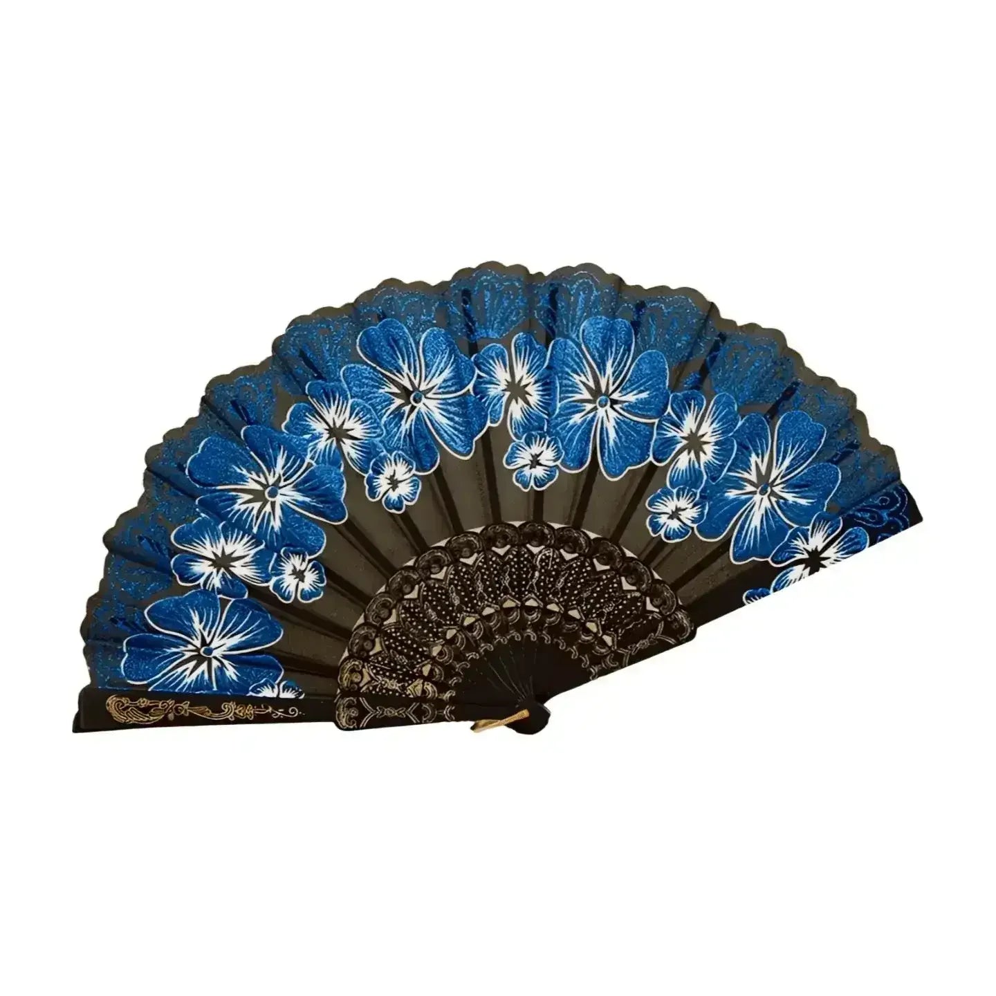 Black hand fan with blue and white hibiscus flower pattern, decorative accessory.