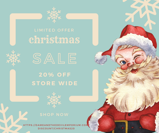 Retro Santa in the right hand side of the ad. Advertising a 20% off sale.