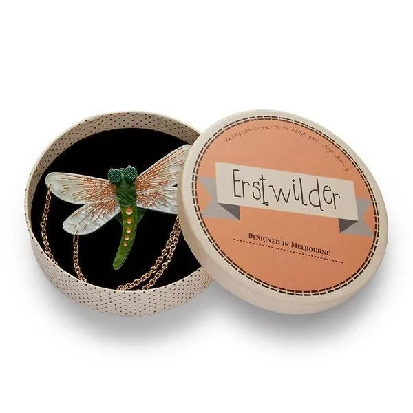 Erstwilder 'As The Dragon Flies' dragonfly brooch with chain in a branded round box