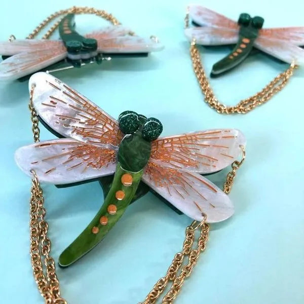 Erstwilder 'As The Dragon Flies' dragonfly brooch with gold chain detail