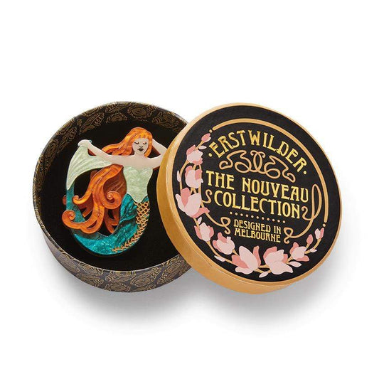 Erstwilder Siren's Call mermaid brooch in its decorative branded gift box.