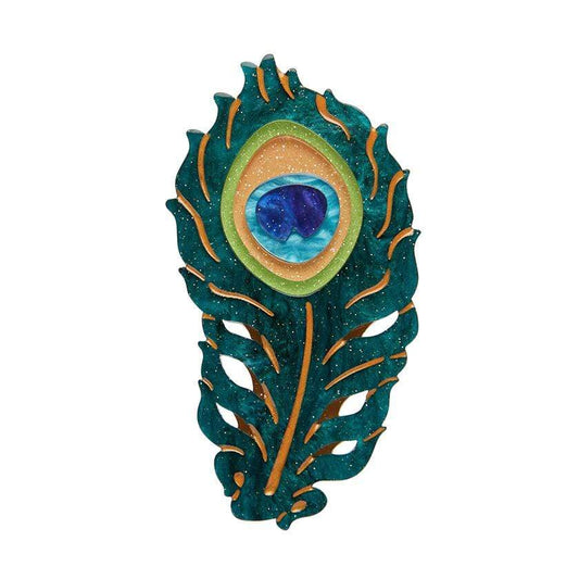 Erstwilder The Royal Eye Brooch featuring a teal peacock feather design with a blue eye center