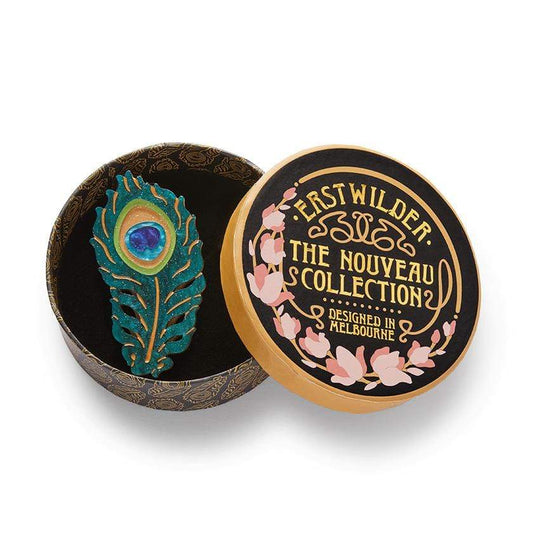 Erstwilder The Royal Eye peacock feather brooch in a decorative branded gift box