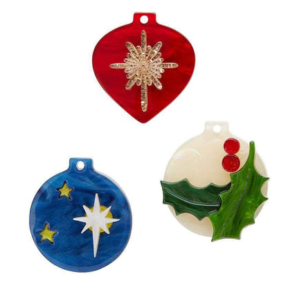 Erstwilder Trinket Trio Brooch Set featuring red heart, blue star, and white holly designs.