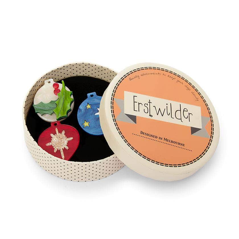 Erstwilder Trinket Trio Brooch Set in a decorative round gift tin.