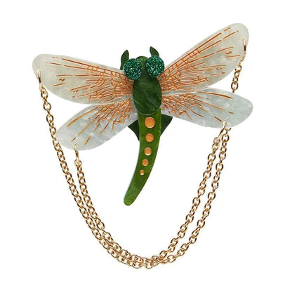 Erstwilder As The Dragon Flies green dragonfly brooch with gold chain and glittery eyes